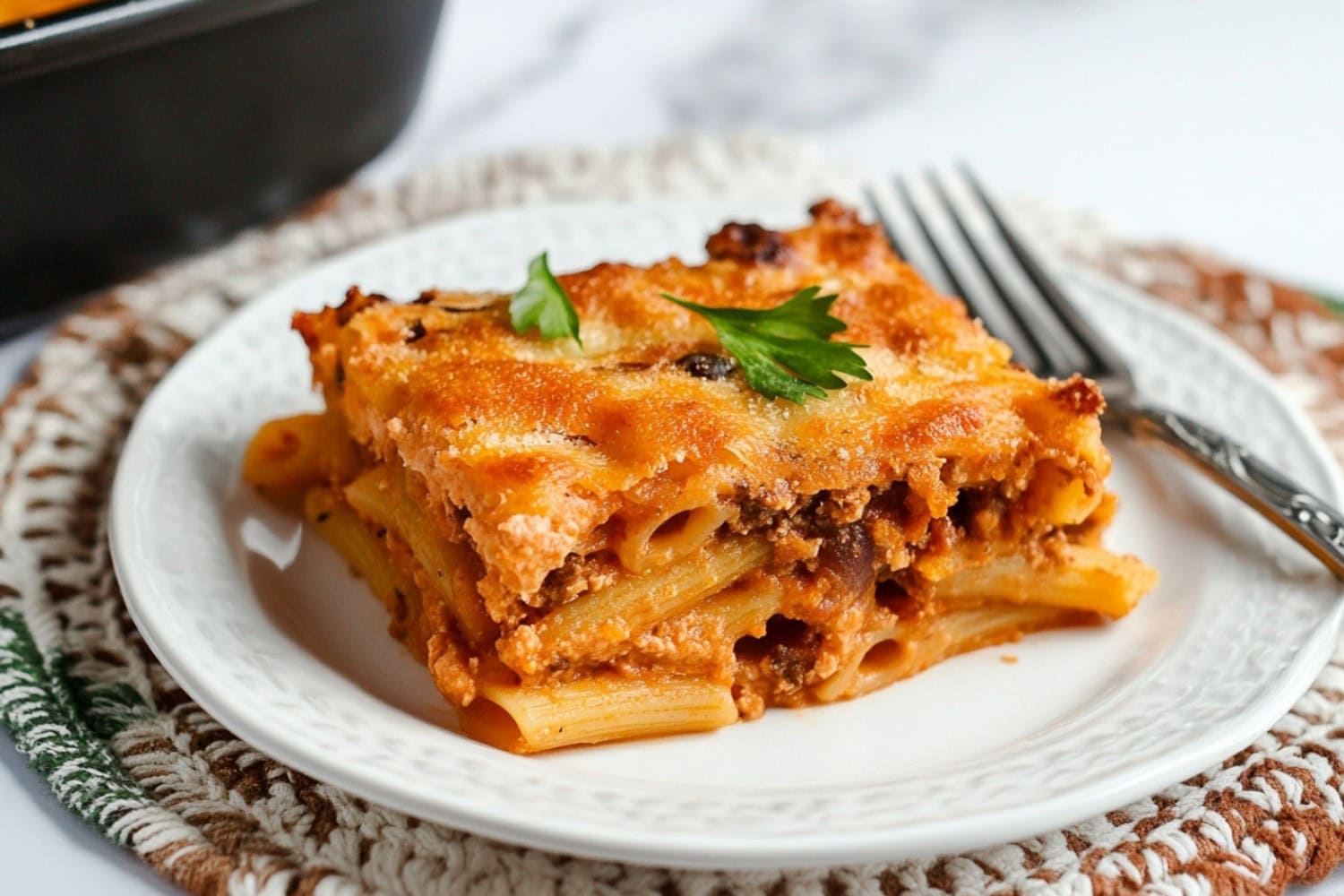 A slice of Johnny Marzetti casserole, showing the gooey cheese and savory ground beef mixed with pasta and sauce.