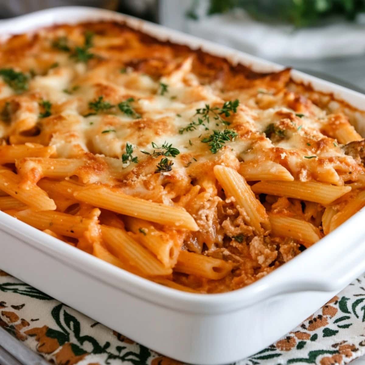 A casserole dish filled with freshly baked Johnny Marzetti, garnished with fresh parsley.