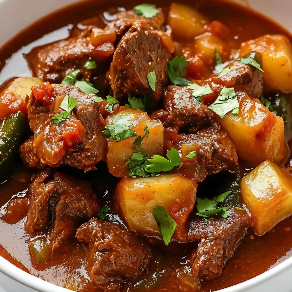 Mexican beef stew served in a white bowl.