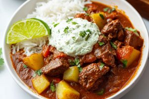 Mexican beef stew served on top of white rice with a dollop of lime crema.