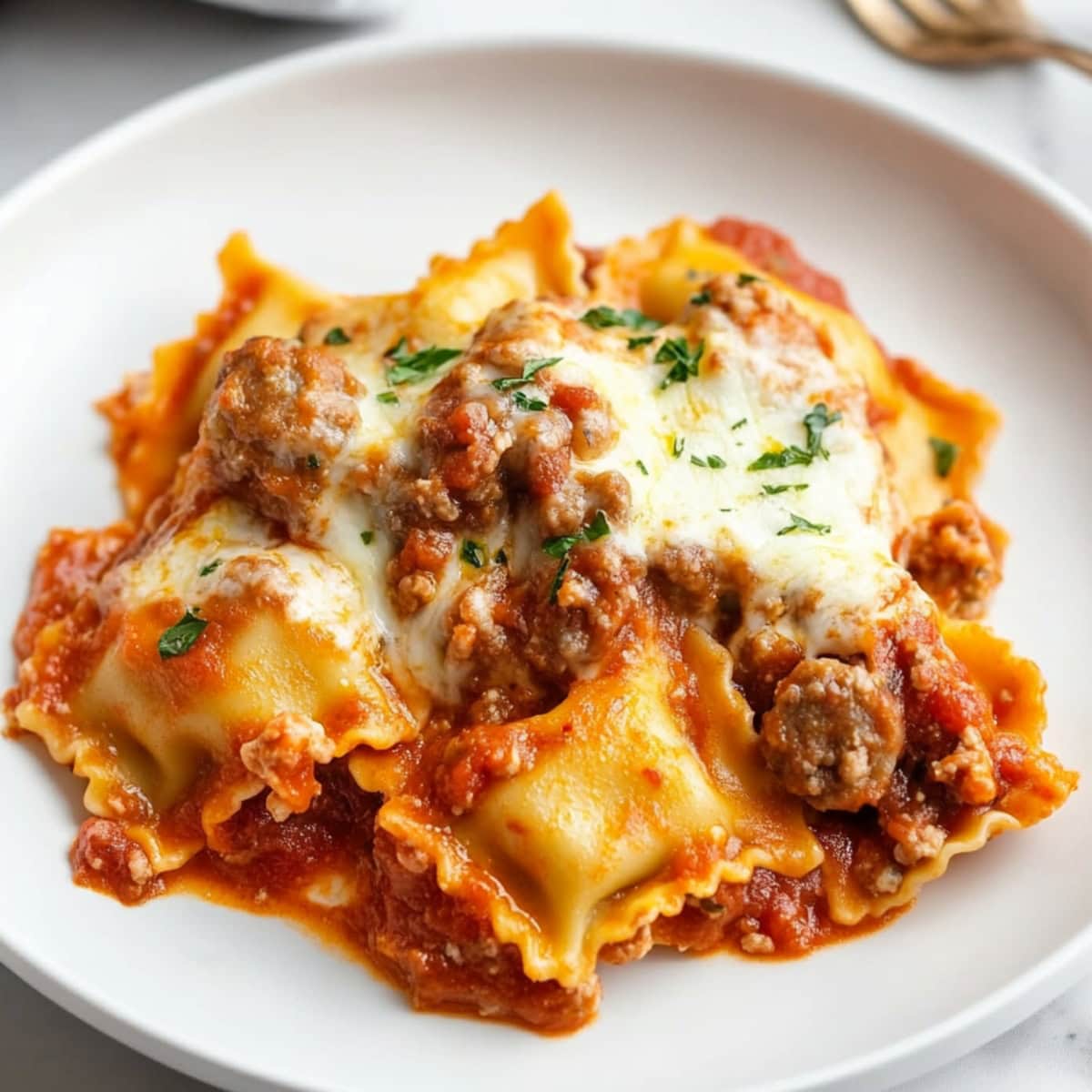 Tender cheese ravioli and meaty marinara sauce in a plate.