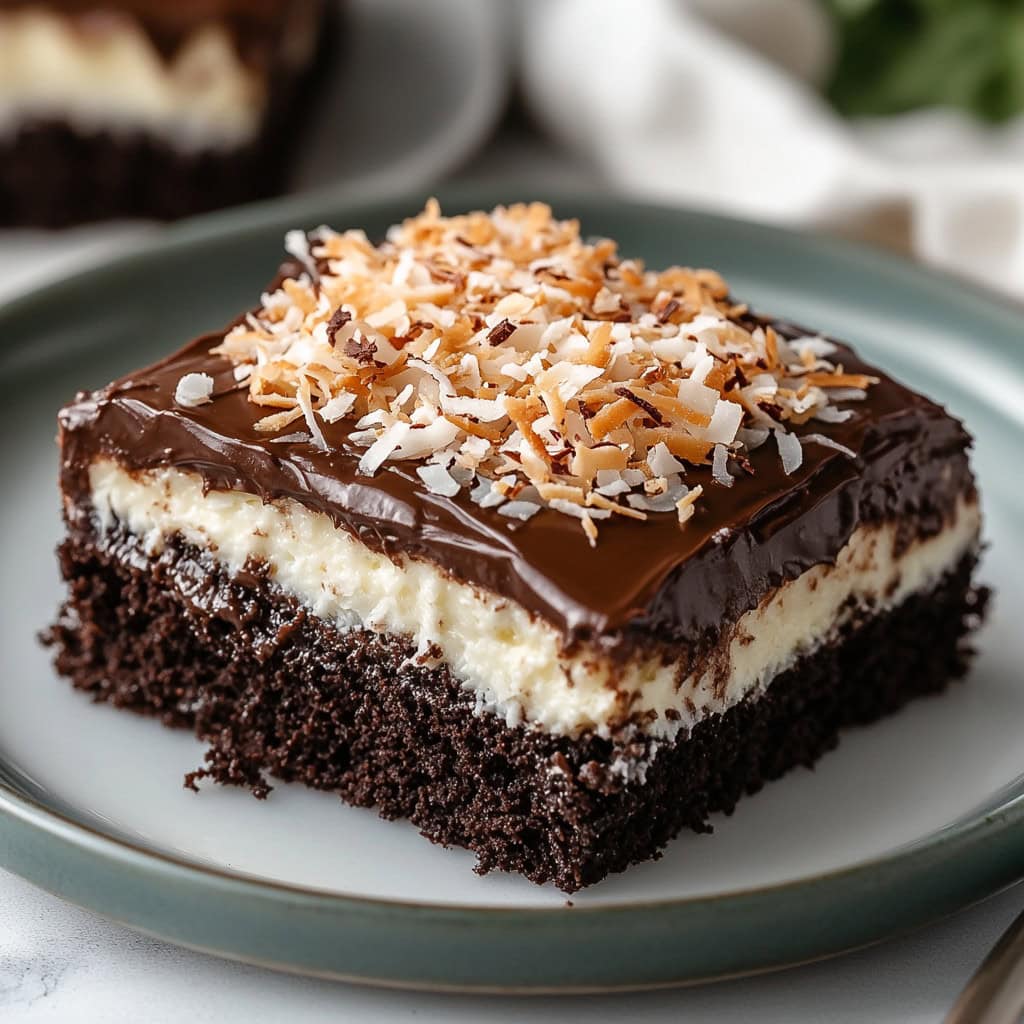 Mounds Candy Bars Cake Slice on a plate