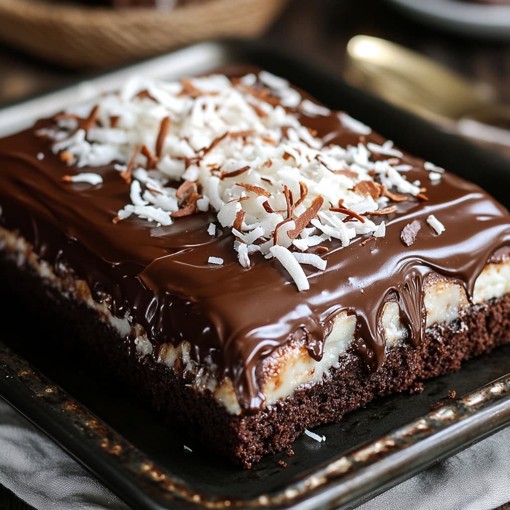 Mounds Candy Bar Cake on a serving platter