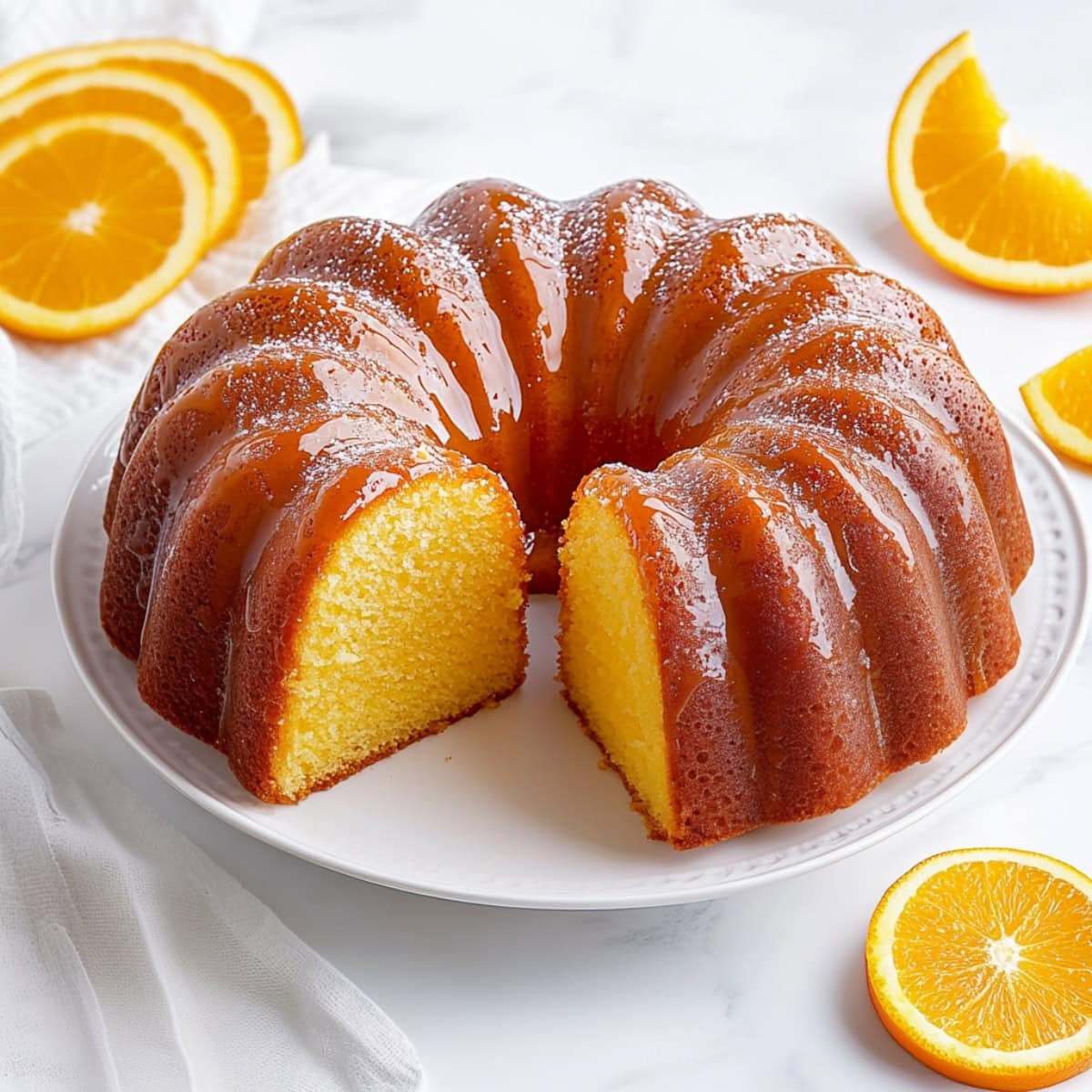 Homemade bundt cake with orange glaze on a cake stand.