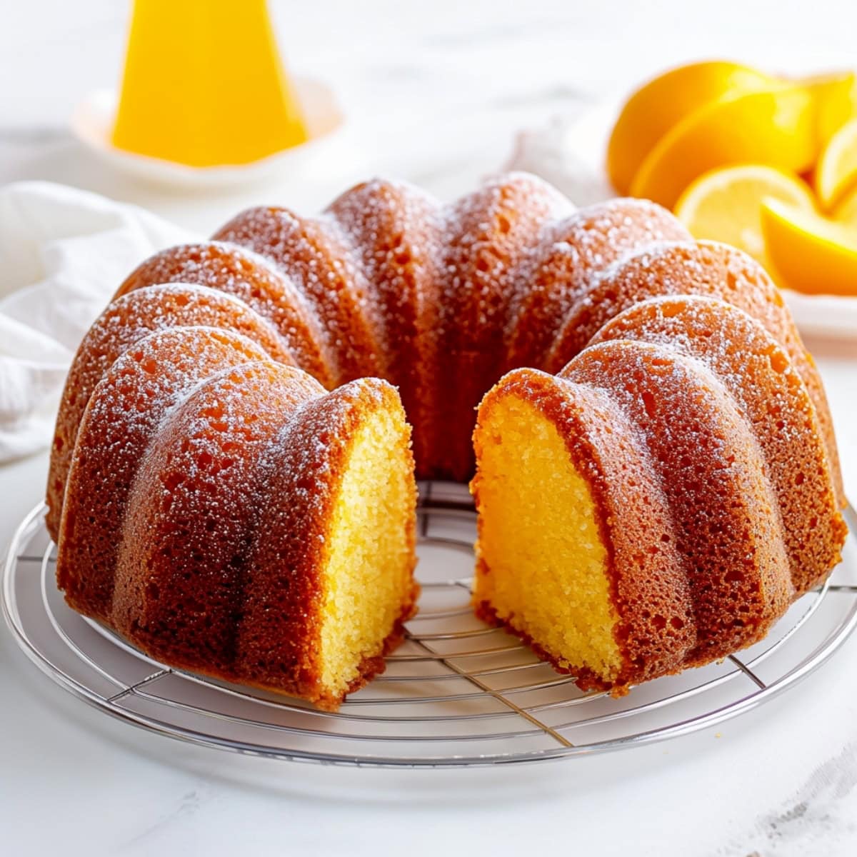 Orang Juice Cake with Powdered Sugar on a Cooling Rack.