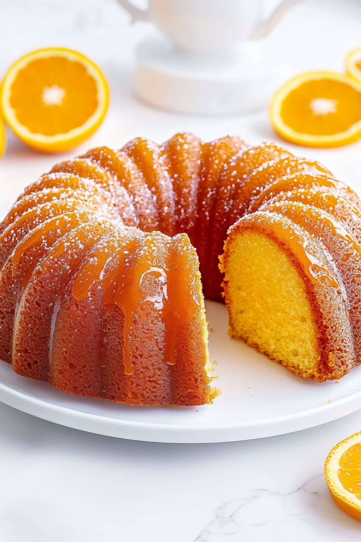 Moist and soft orange juice cake on a plate with glaze and powdered sugar.