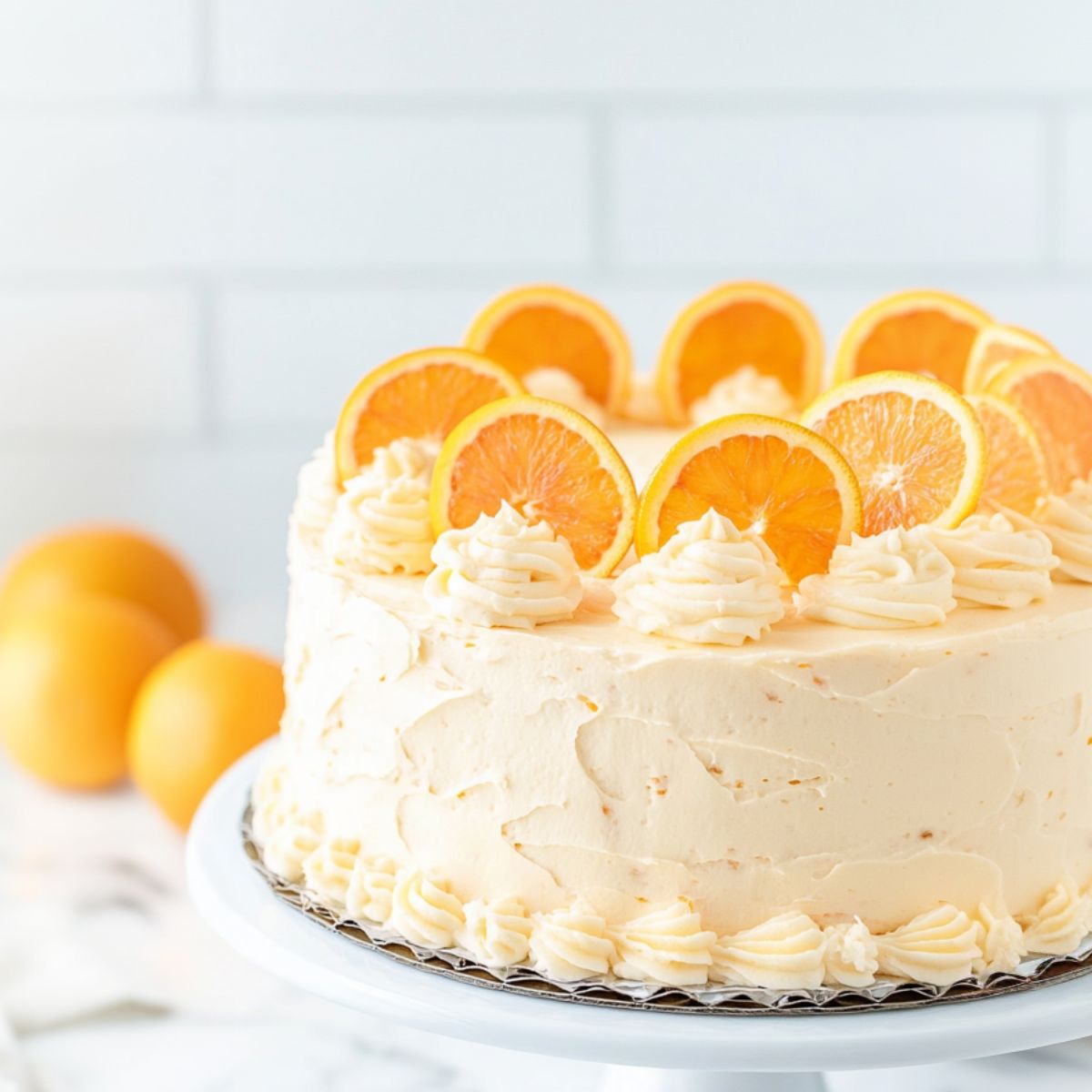 Mandarin orange cake with pineapple cool whip frosting and orange slices 