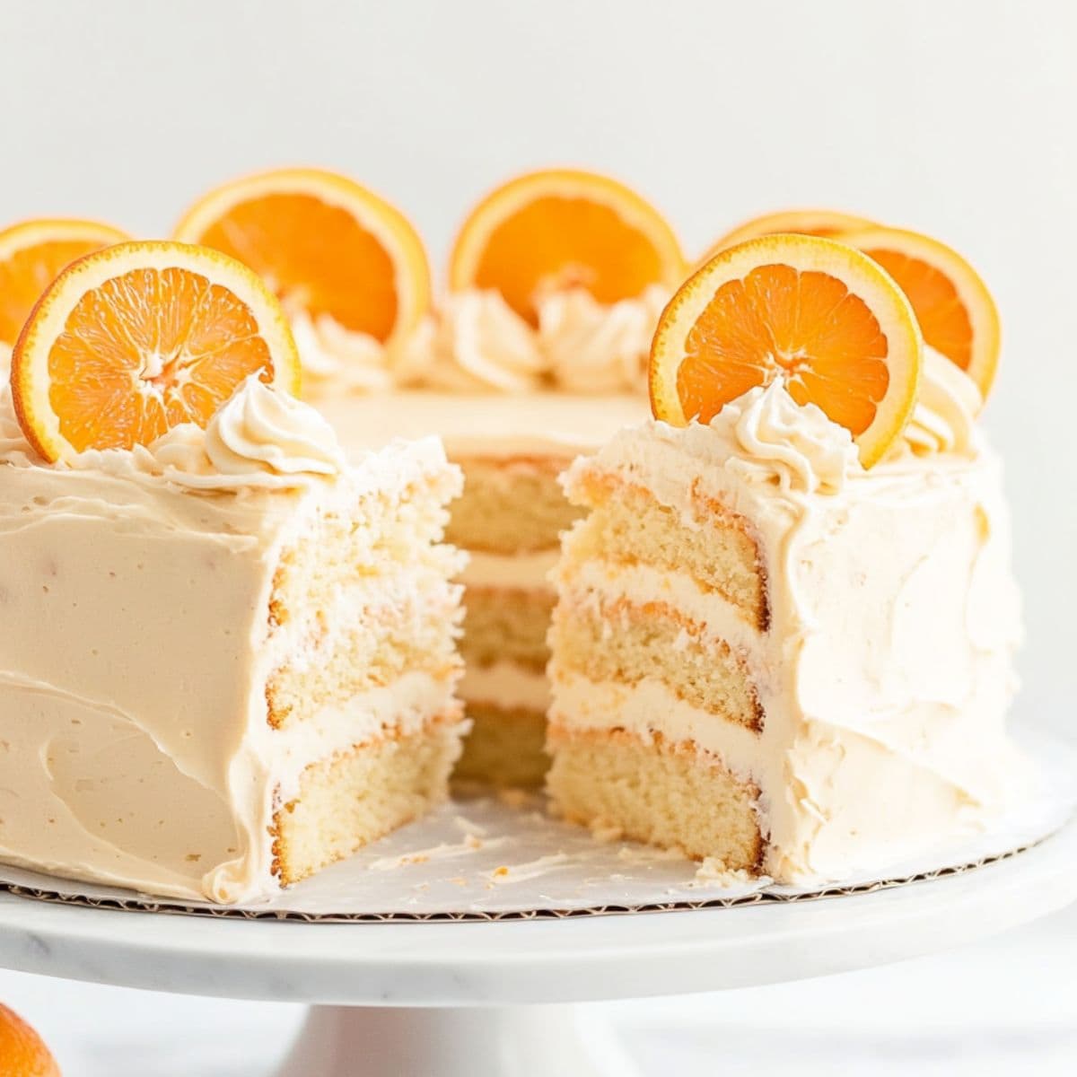 Sliced pig pickin' cake on a cake tray garnished with orange slices.