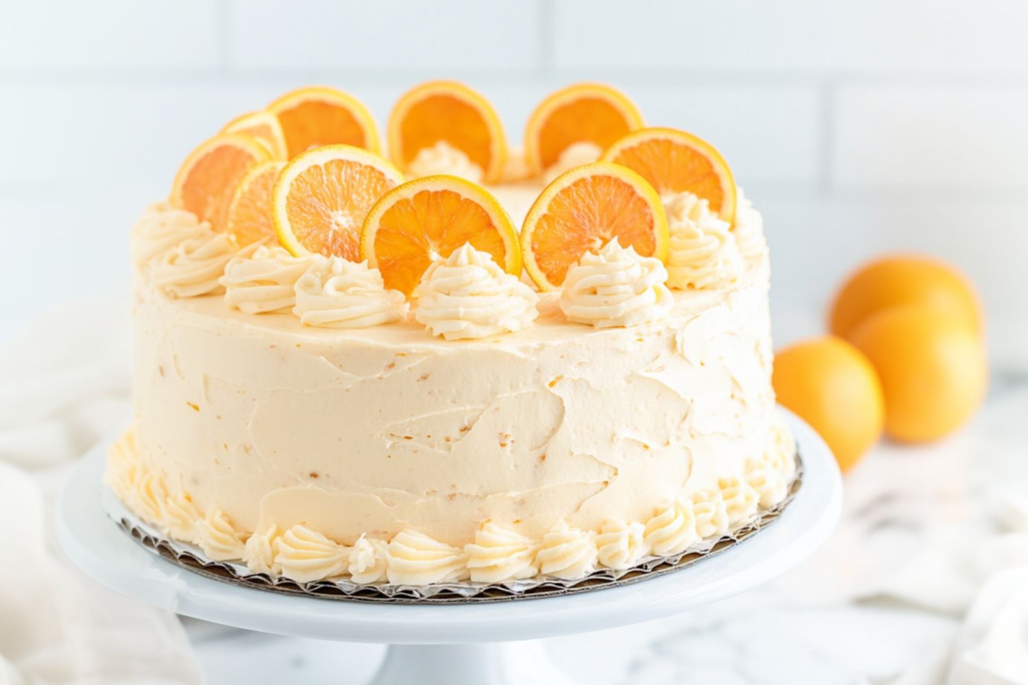 Orange frosting coated cake in a cake tray garnished with orange slices.