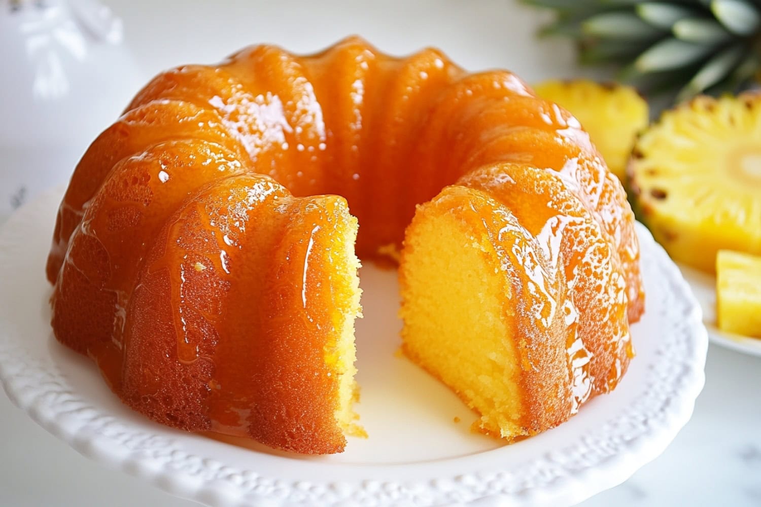 Pineapple juice cake displayed in a kitchen stand.