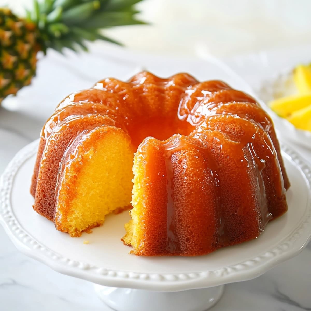 Soft and spongy pineapple juice cake on an white cake stand with a slice removed