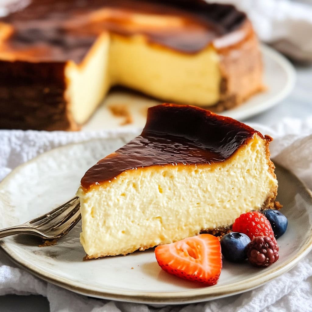 Slice of Basque Cheesecake on a plate with fresh fruit