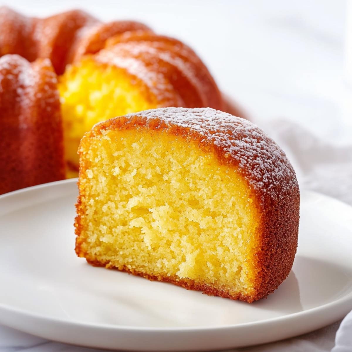 A slice of orange juice cake on a dessert plate with the rest of the cake in the background