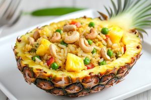 Fried rice with pineapple chunks, carrots and green peas served in a hollowed ripe pineapple.