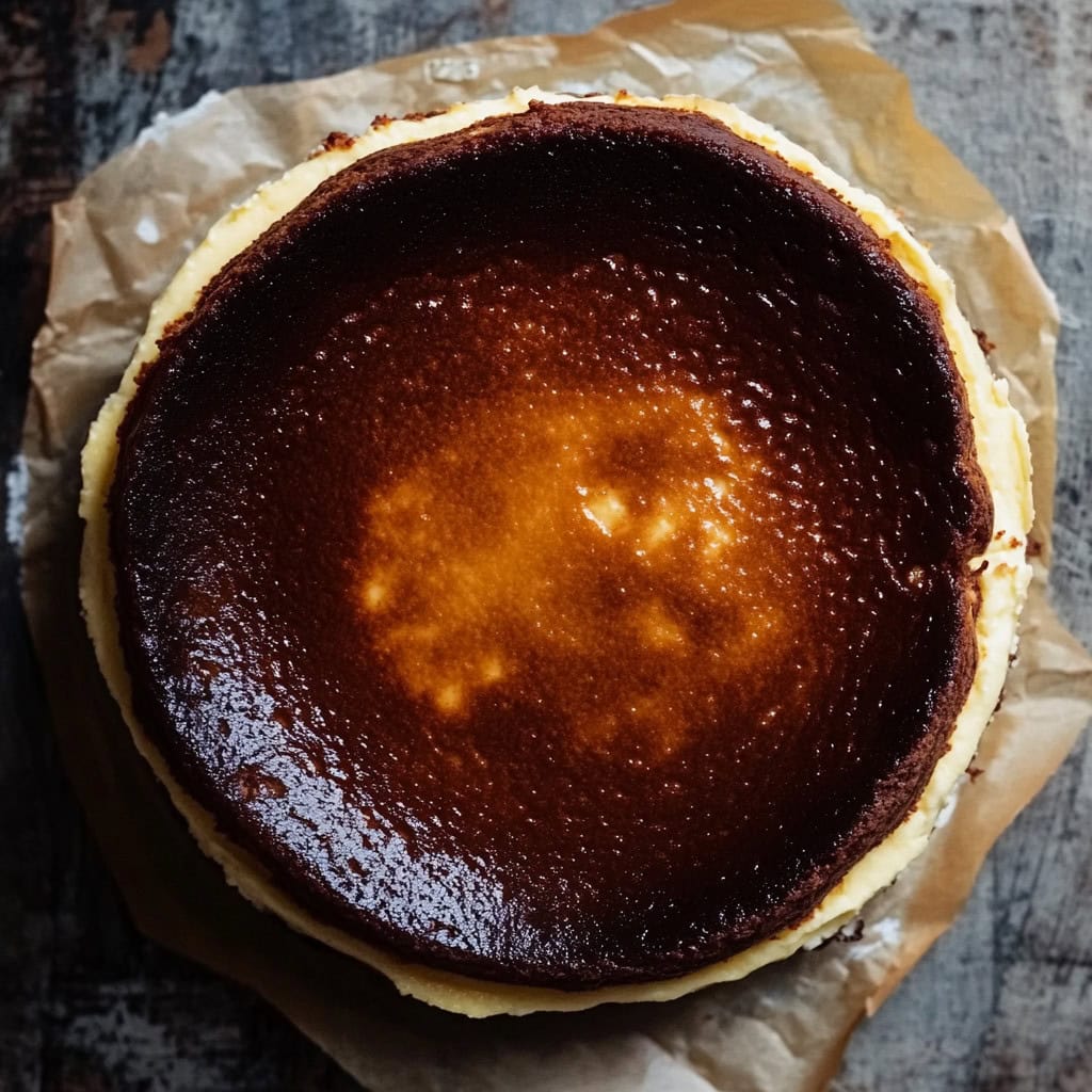 Whole Basque Cheesecake on a table, top view