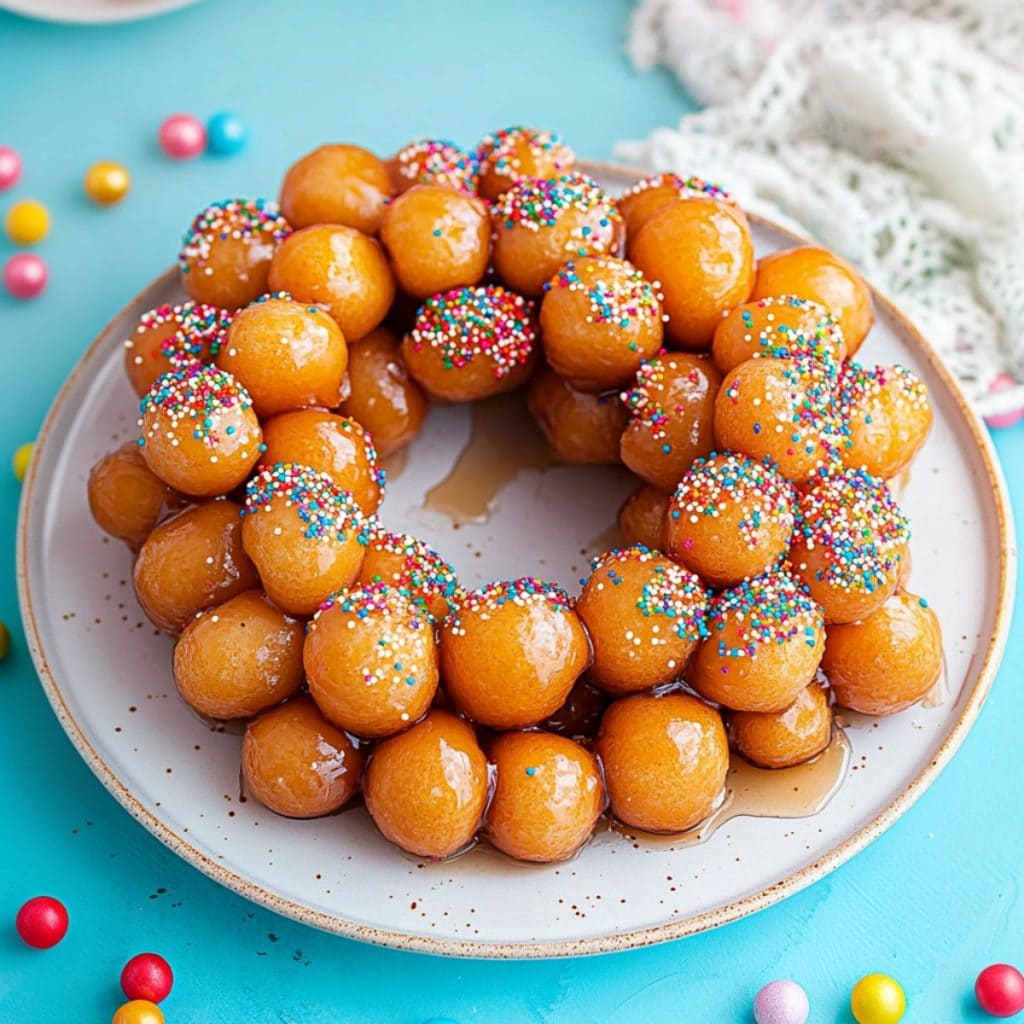 Homemade struffoli (Italian Honey Balls) arrange in a wreath on a plate with candy sprinkles.