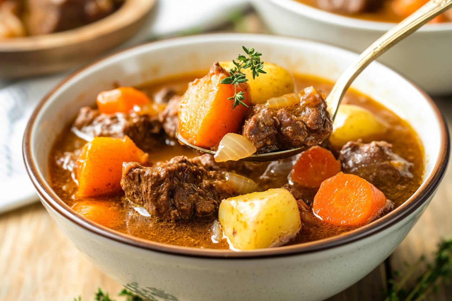 A spoonful of apple cider beef stew with veggies in a bowl.