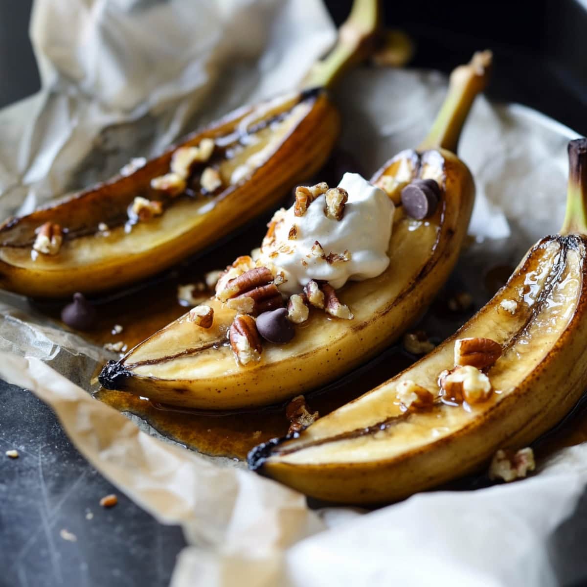 Warm baked bananas on a plate, accompanied by a scoop of vanilla ice cream starting to melt.