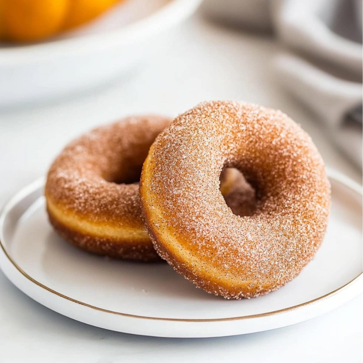 Pumpkin donuts coated with cinnamon sugar served in a white plate.