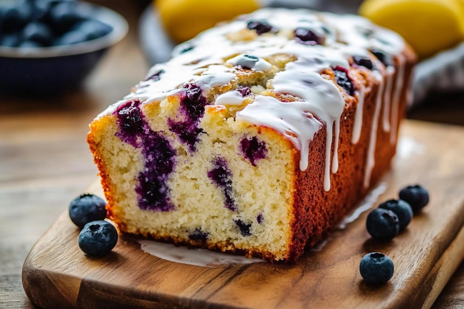 Blueberry yogurt cake in a wooden board