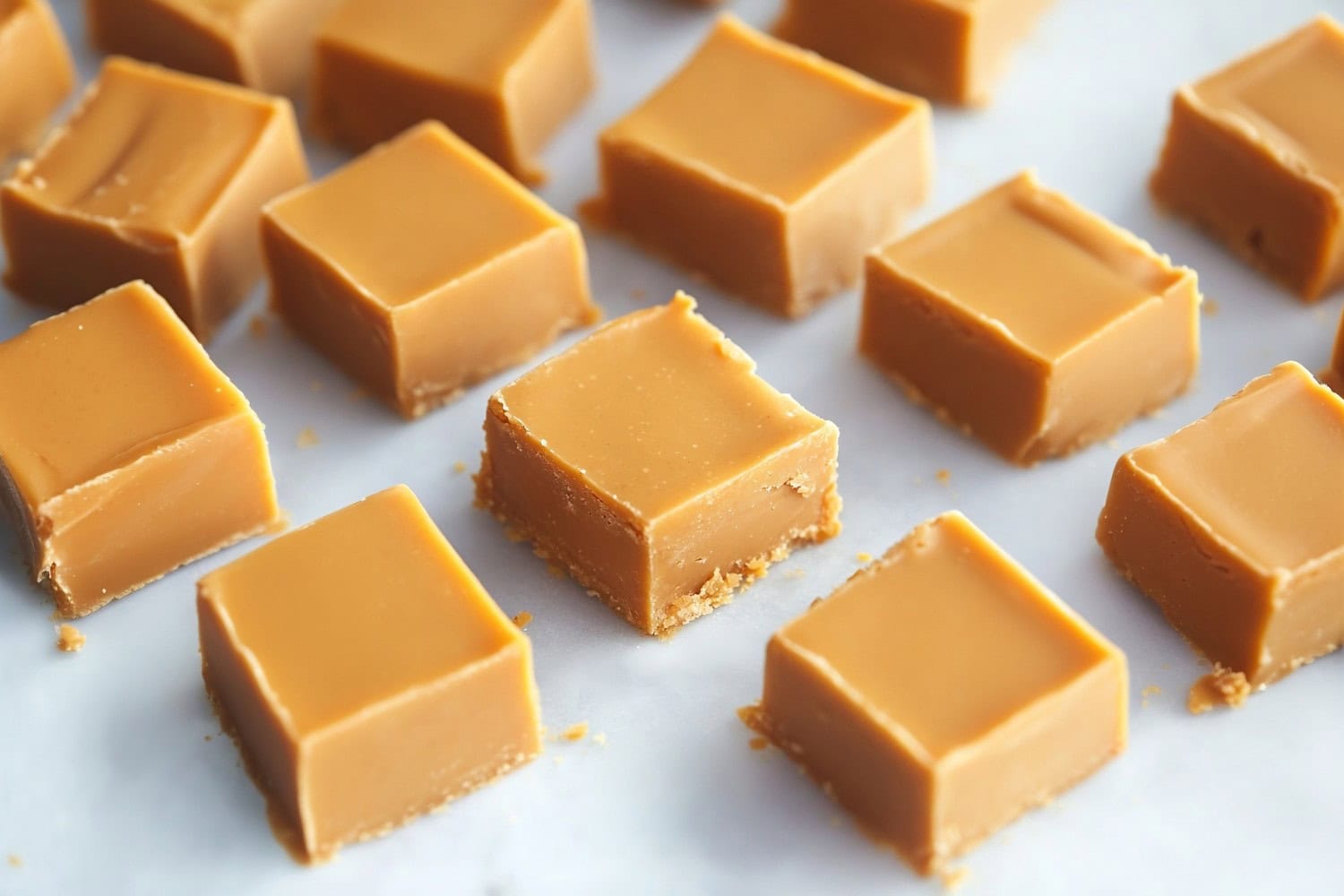 A bite-sized piece of butterscotch fudge showcasing its dense, velvety texture.