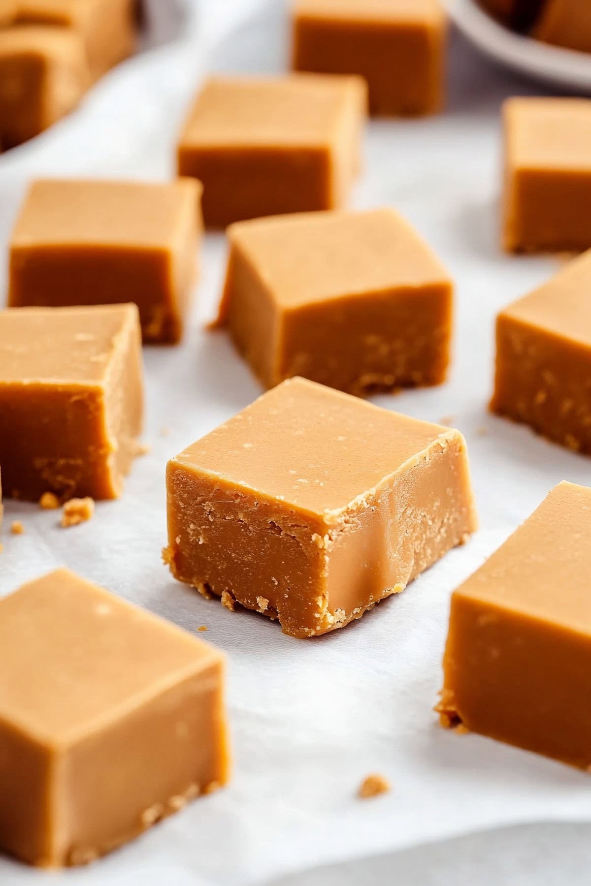 Classic butterscotch fudge squares on parchment paper.