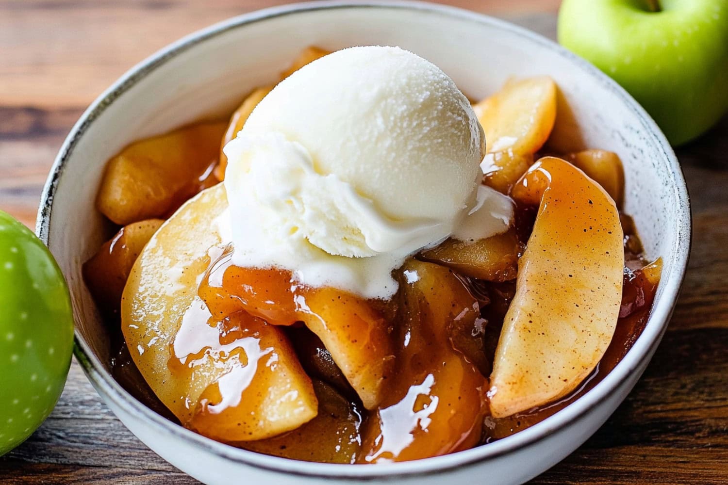 Sliced apples with caramelized sauce topped with scoop of vanilla ice cream.