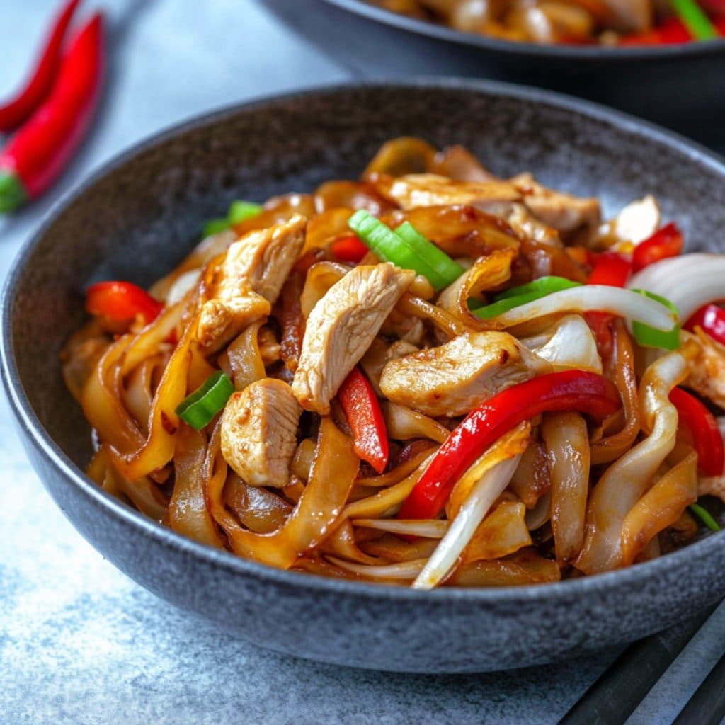 Close-up of chicken chow fun showcasing stir-fried noodles and green onions coated in a savory sauce.