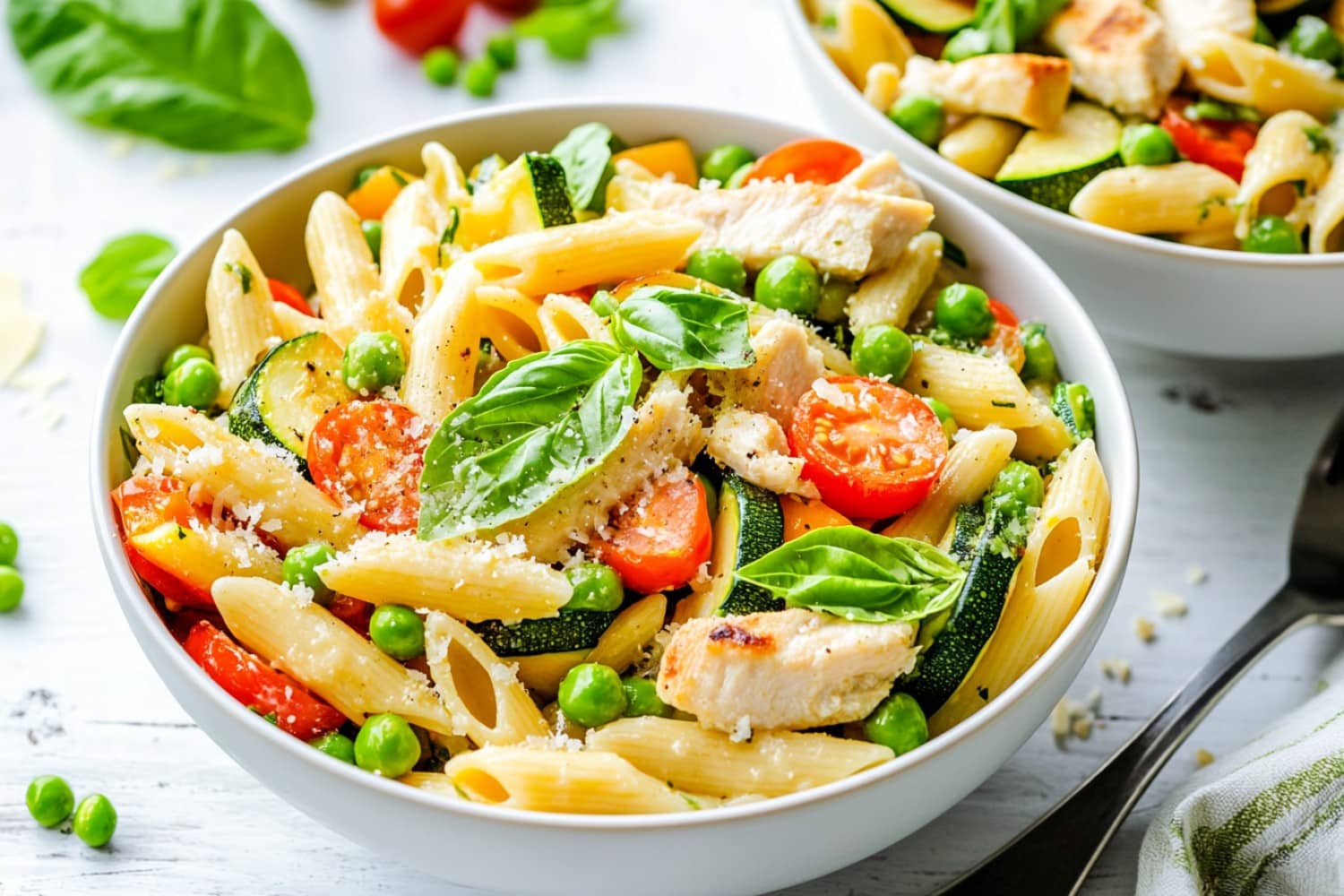 Chicken pasta primavera with green peas, tomatoes and zucchini, garnished with basil in a bowl.