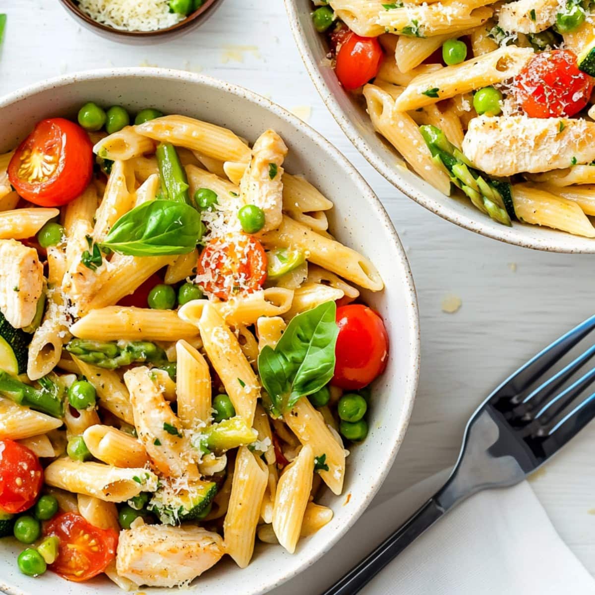 An overhead shot of pasta primavera, with bright green peas and vibrant cherry tomatoes.