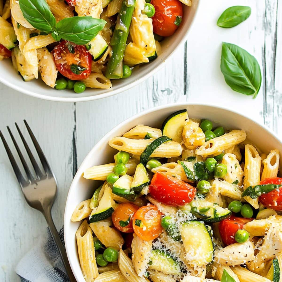 A vibrant plate of pasta primavera, featuring colorful vegetables like cherry tomatoes and zucchini