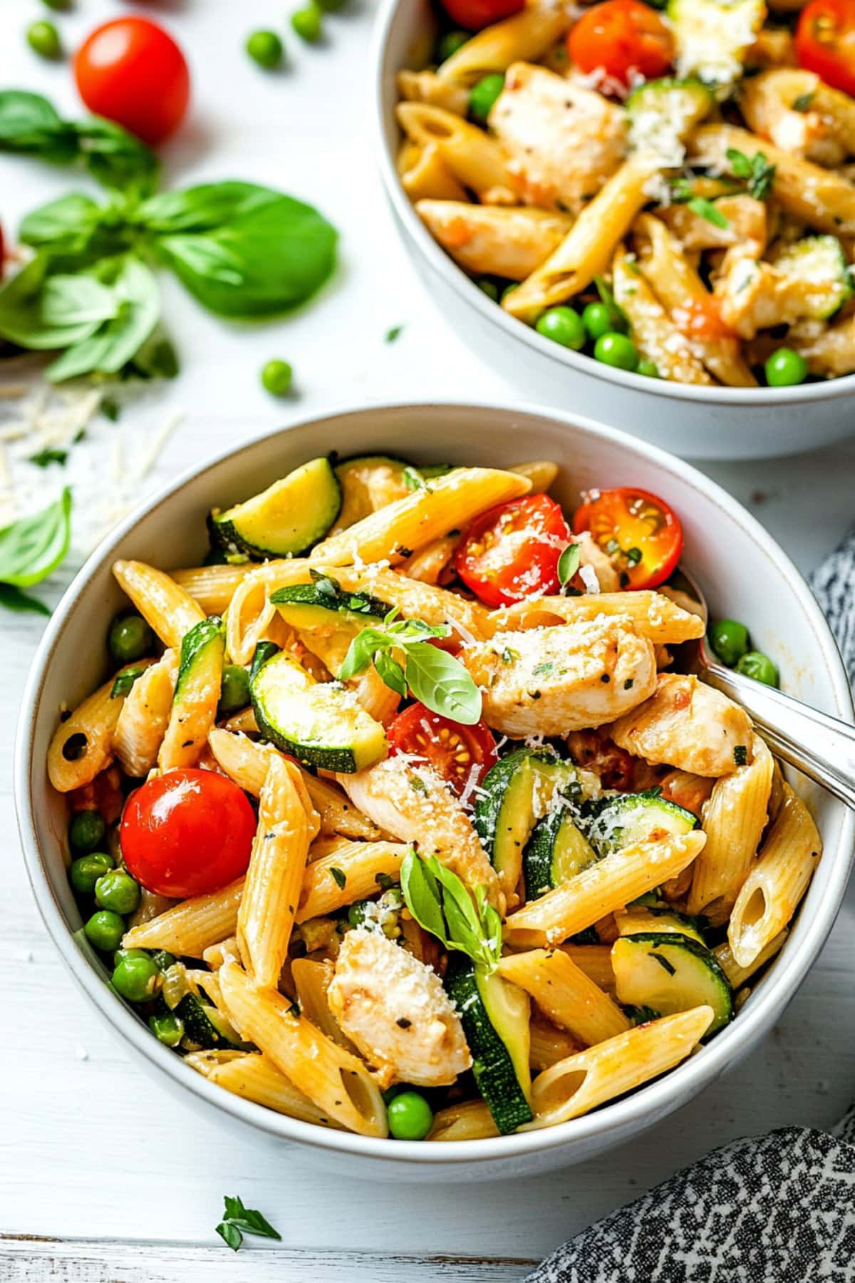 Pasta primavera, featuring penne and veggies in a bowl.