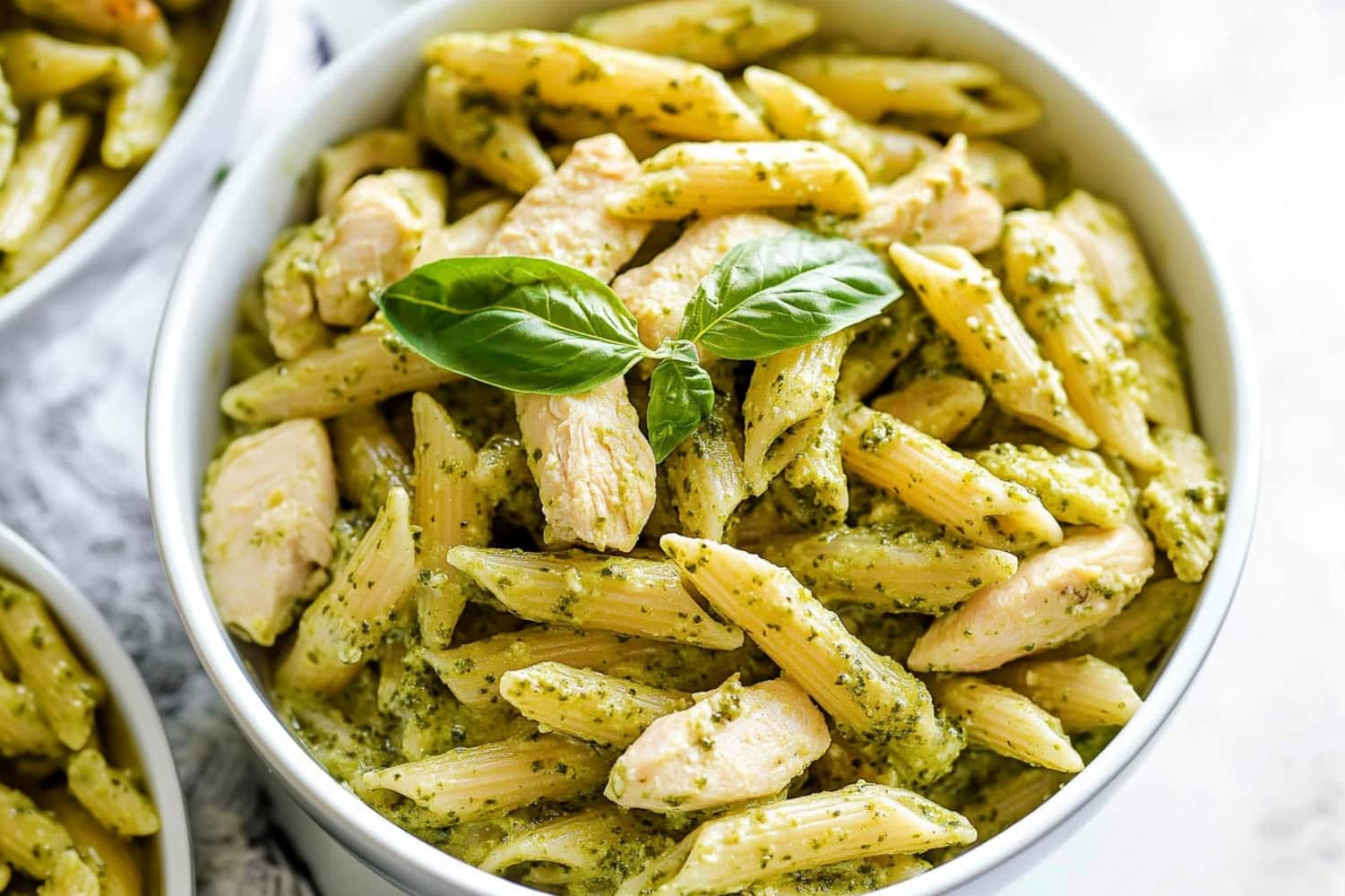 Creamy chicken pesto pasta in a bowl, topped with basil.