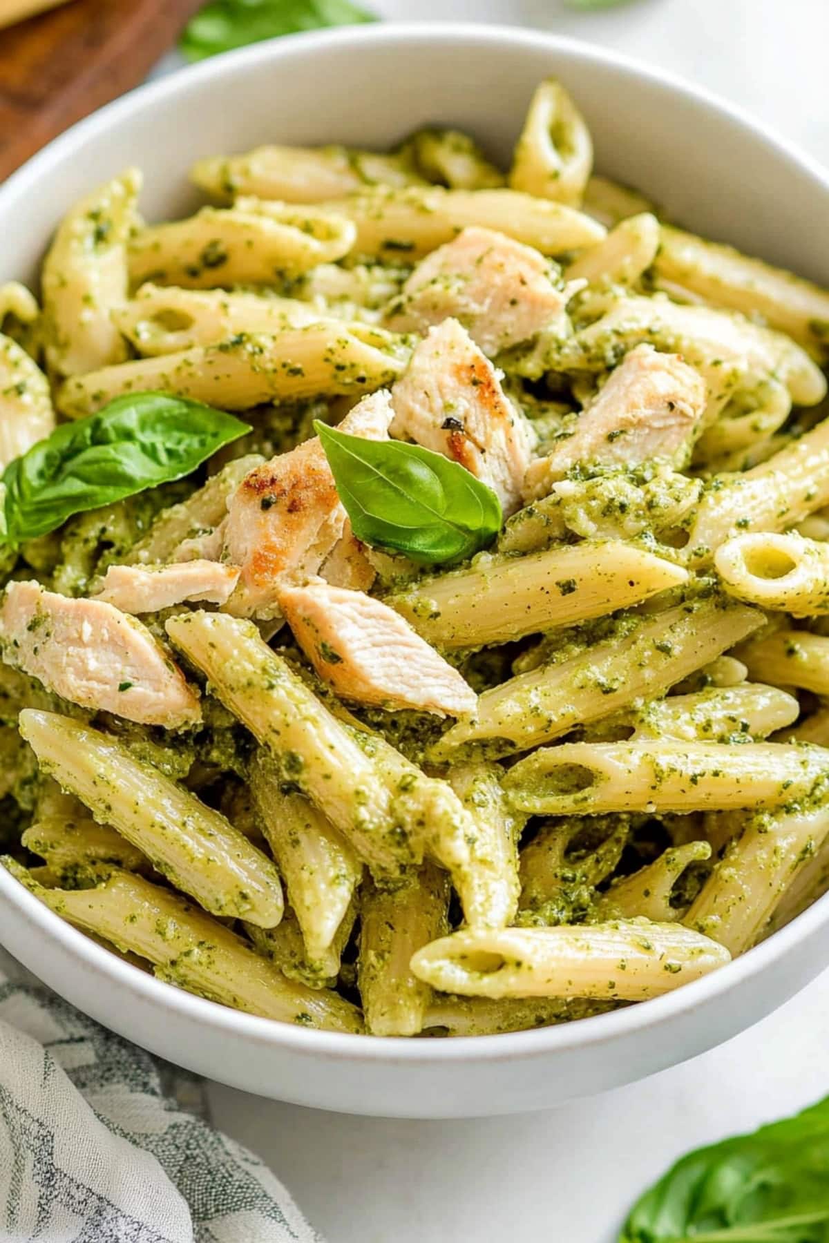 Grilled chicken resting on a bed of pasta drenched in pesto sauce.