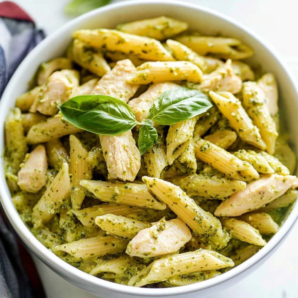 An overhead view of chicken pesto pasta in a bowl.