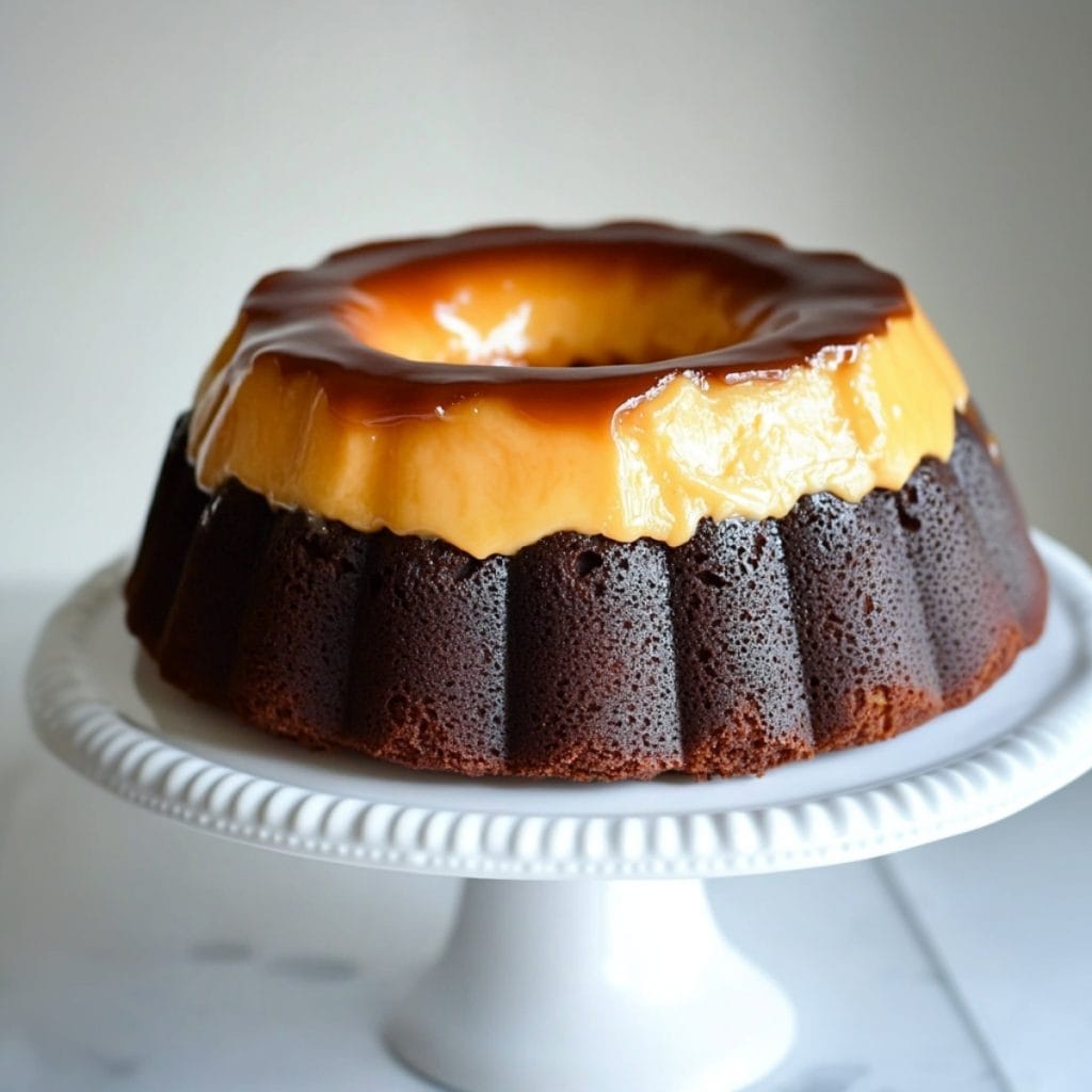 Moist chocolate cake topped with silky smooth, creamy flan sitting on a cake stand.