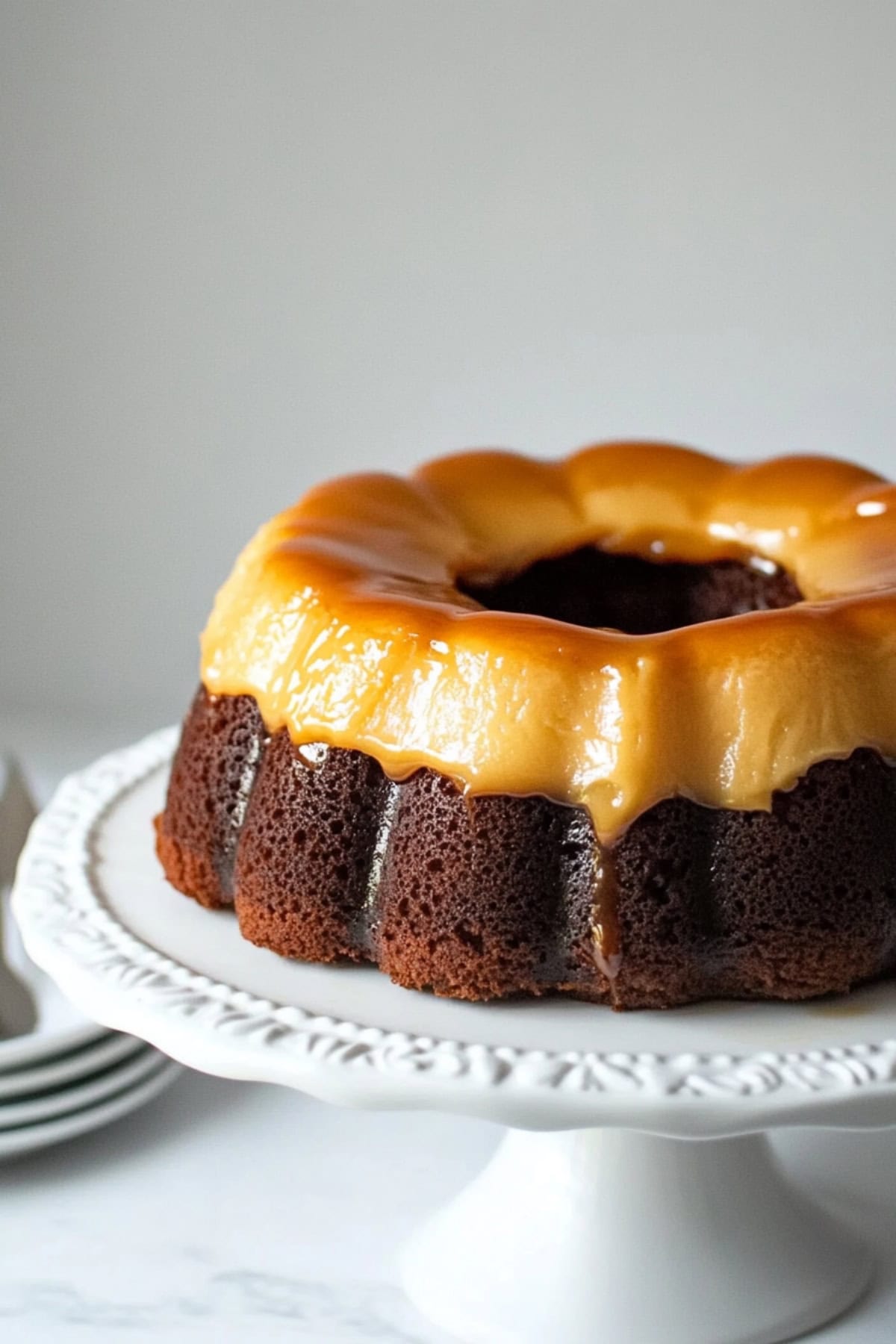 Moist chocolate and flan cake sitting on a white cake stand.