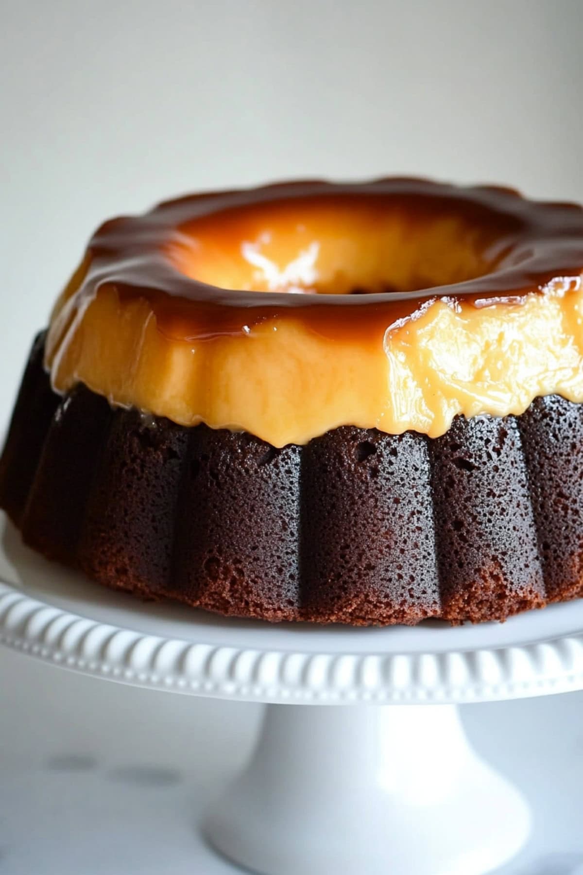 Chocoflan sitting on a cake stand, side view.