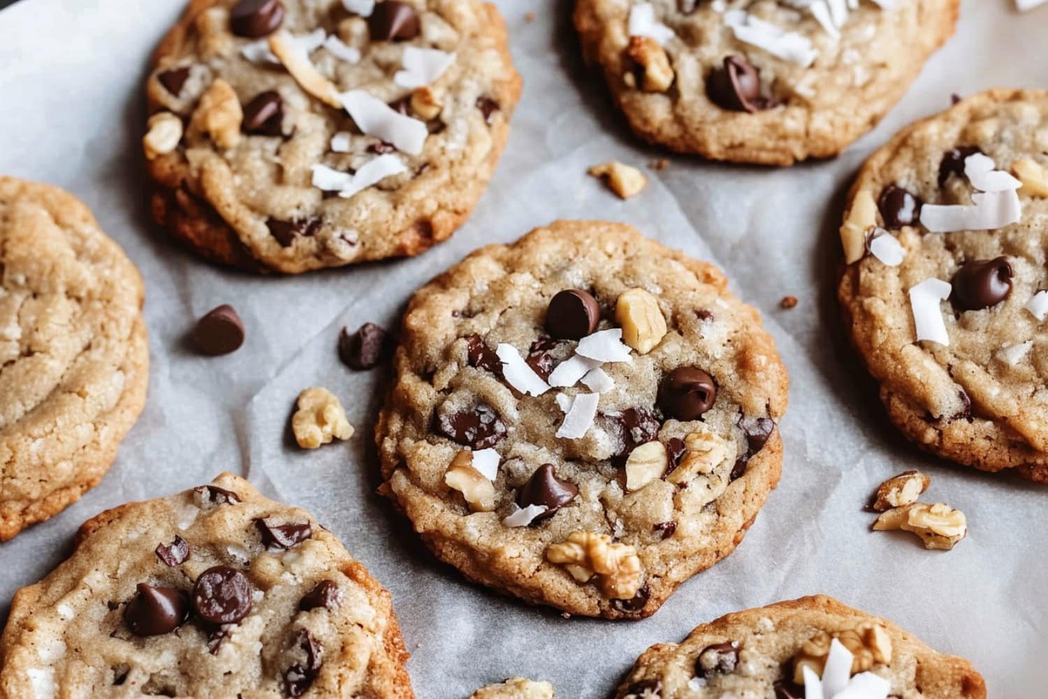 An overhead view of chocolate chip treasure cookies with nuts and coconut on parchment paper.