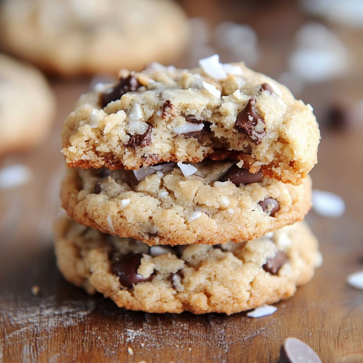 Chewy and gooey chocolate chip treasure cookies stack on a wooden table