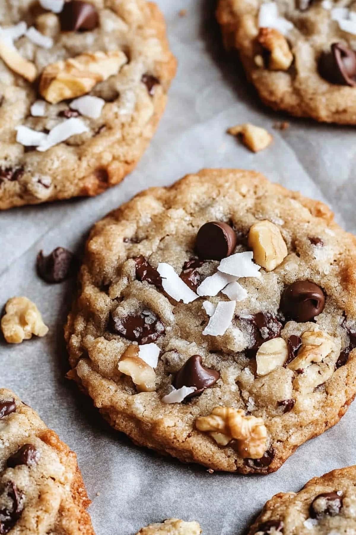 Chocolate chip cookies with coconut and chopped nuts, close up, top view