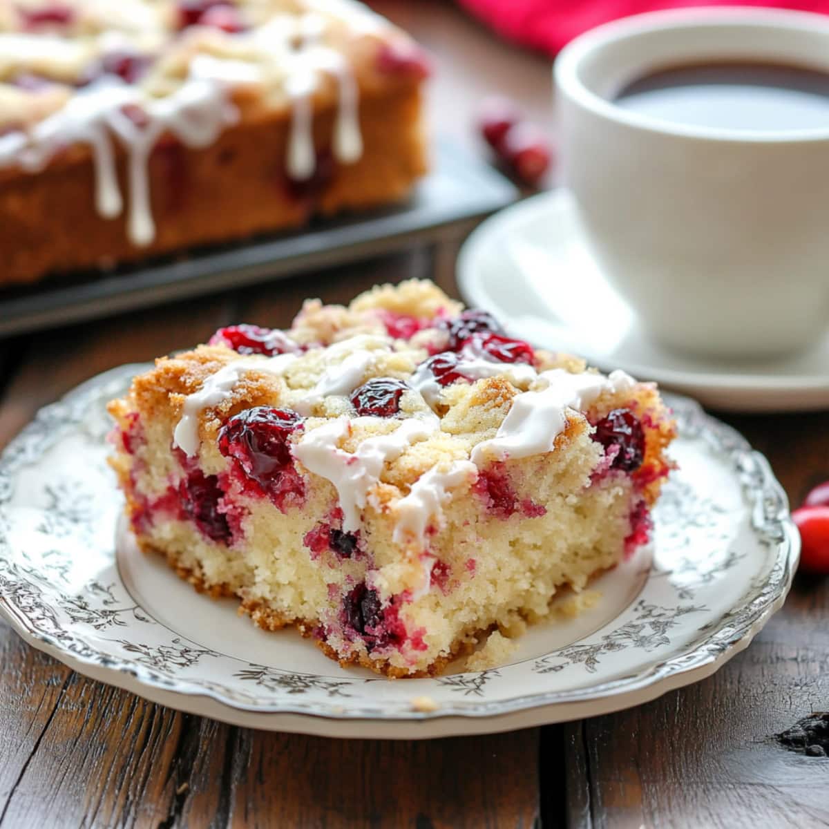 A slice of cranberry cake on a white plate with a cup of coffee on the side