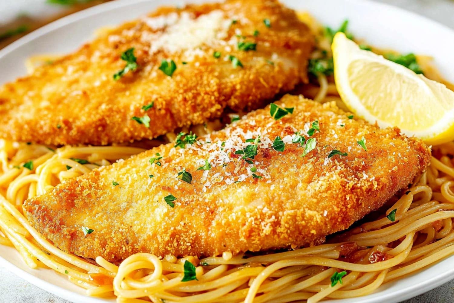 Crusted chicken Romano on a white plate, with a side of creamy pasta.