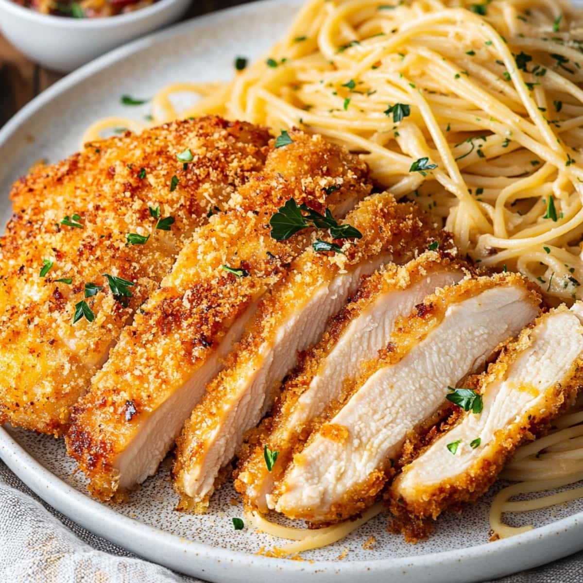 Sliced crusted chicken Romano with pasta, garnished with herbs.