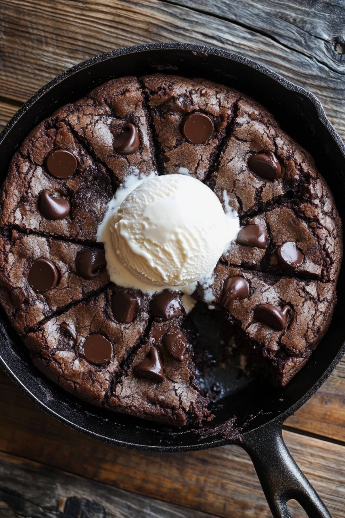 Sliced double chocolate cookie in a cast iron skillet.