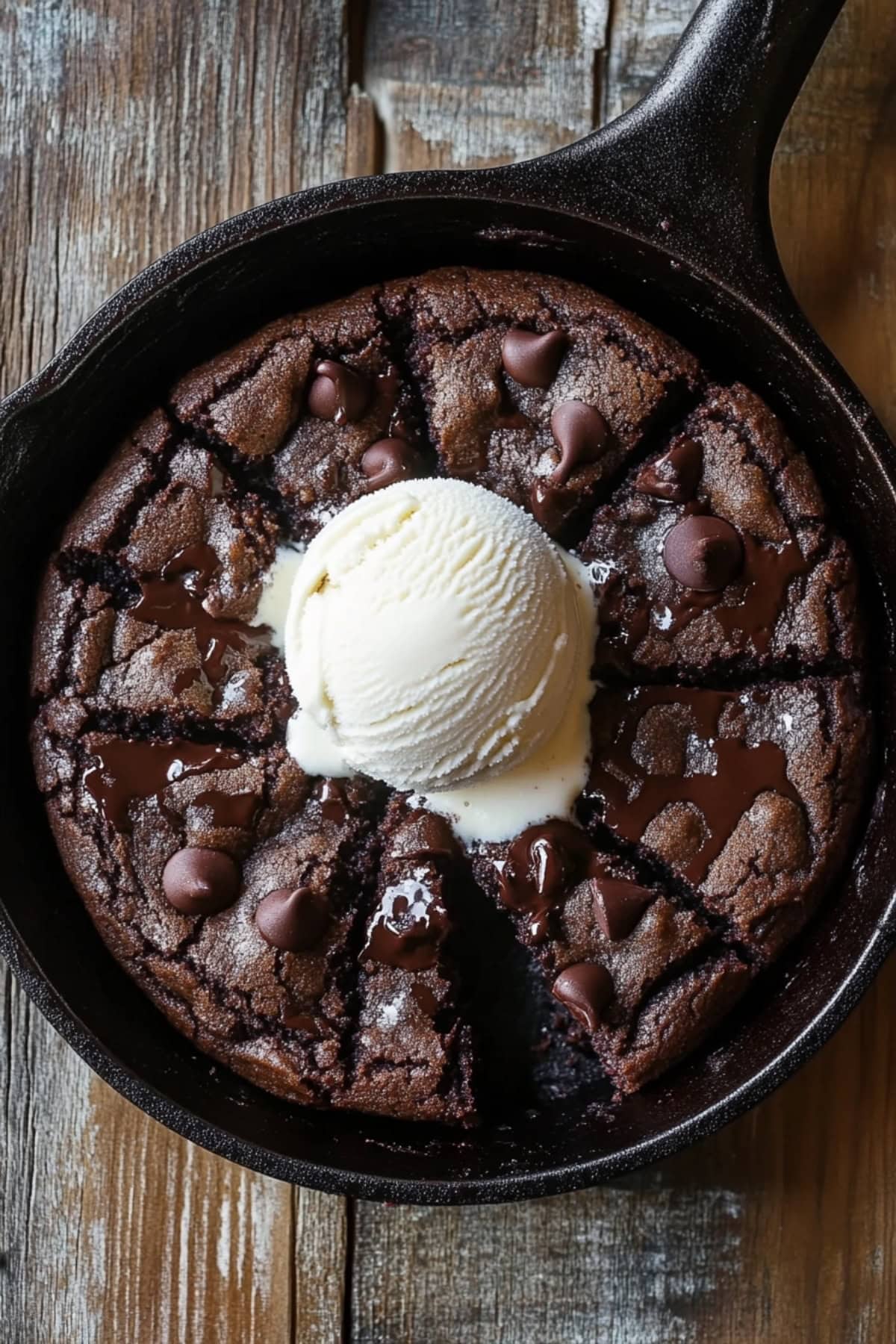 Chocolate flavored cookie cooked in a cast iron skillet garnished with vanilla ice cream, top view