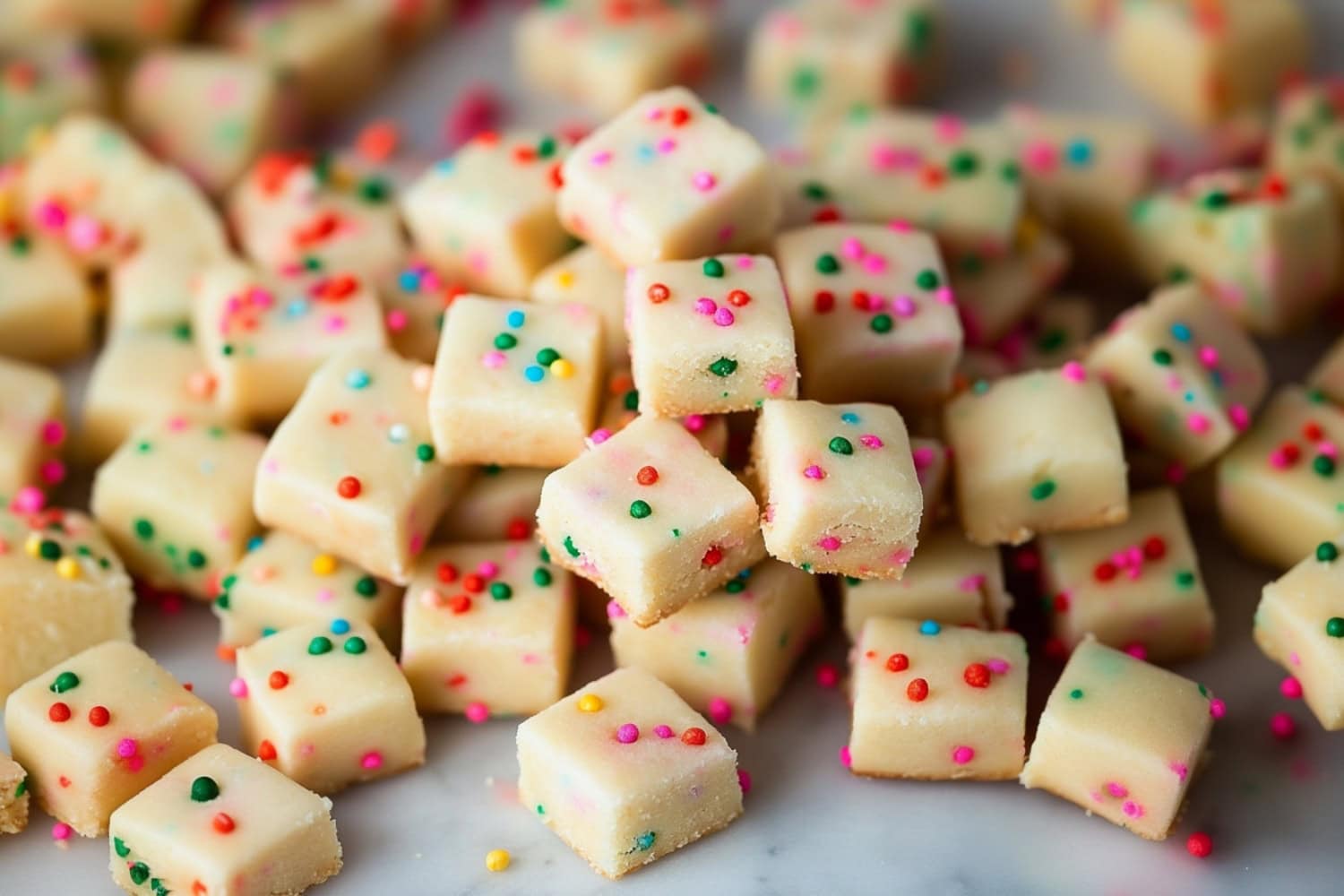 Bunch of square slices of shortbread bites scattered on a marble table.