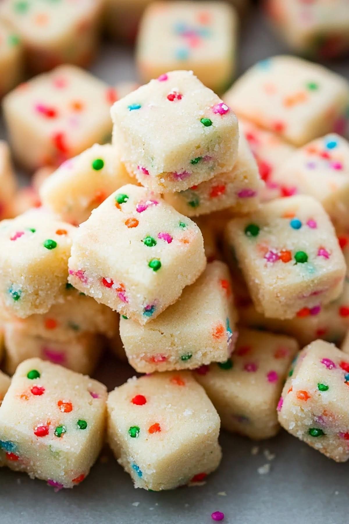 A pile of mini shortbread squares with sprinkles on gray table, top view, close up.