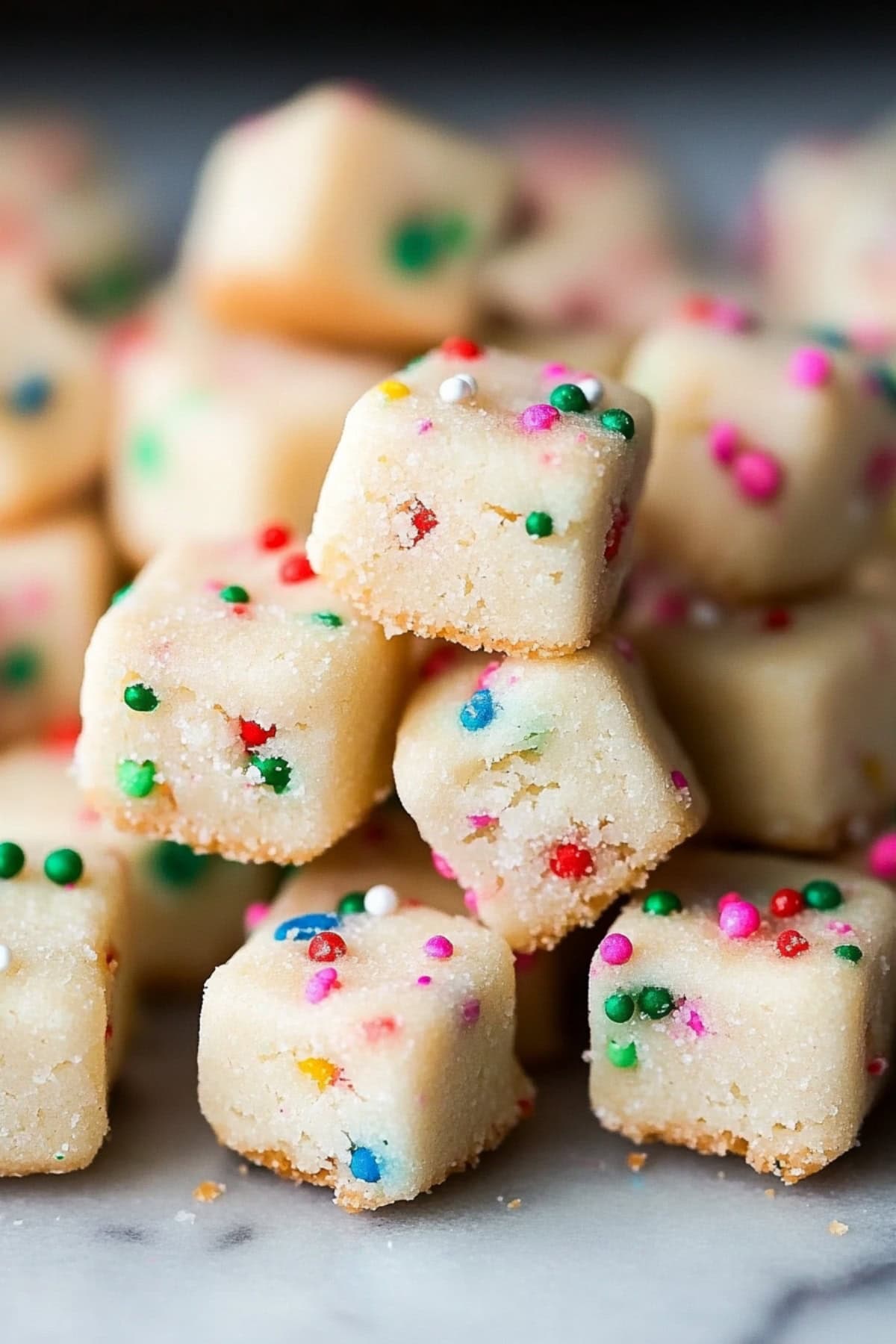 Shortbread bites with sprinkles stacked on a marble surface, side view