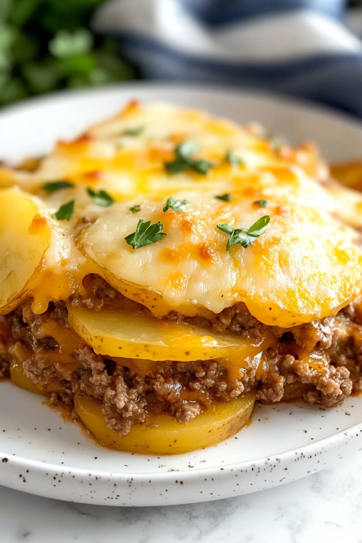 A plate of delicious homemade hamburger potato casserole, garnished with parsley, close up